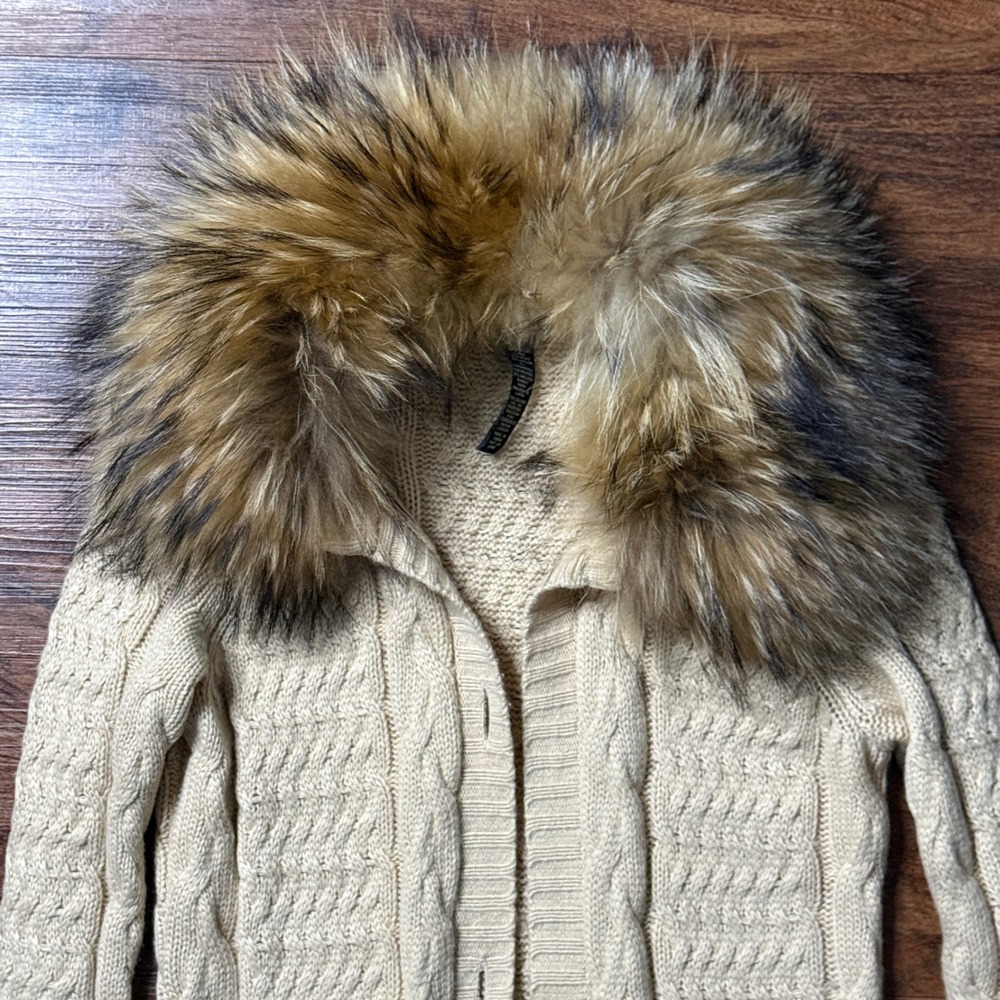 Robert Rodriguez Cardigan Women XS Cream Fur Collar Cable Knit Long Sweater